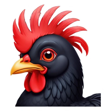 Cinematic Cute Black Chicken Portrait Emoji, Head tilted playfully and inquisitively, featuring sleek, lustrous black feathers and a vibrant red comb, round, sparkling beady eyes filled with curiosity, Simplified yet irresistibly adorable features, highly detailed, glowing with a warm, friendly glow, high shine, affectionate and lively, stylized with a touch of whimsical charm, bright and endearing, soft glowing outline, capturing the essence of a mischievous yet loving chicken, so playful it feels like it could peck out of the screen and into your arms! sticker