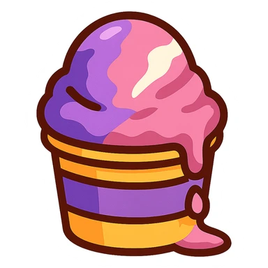 A scoop of Italian ice in purple, pink, and white, melting slightly, in a paper cup sticker