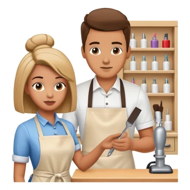 hair stylist wearing apron teaching student using mannequin head sticker