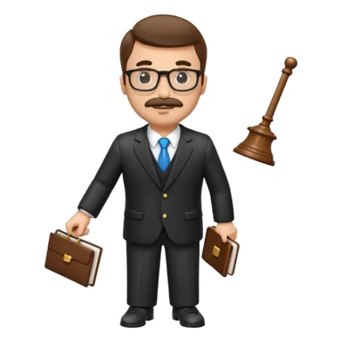 “Create a clean, modern emoji-style illustration of a male lawyer. He is wearing a formal suit jacket. He is holding a judge’s gavel in one hand and has a law book tucked under his arm. He has a mustache and a short beard, and he is wearing glasses. sticker