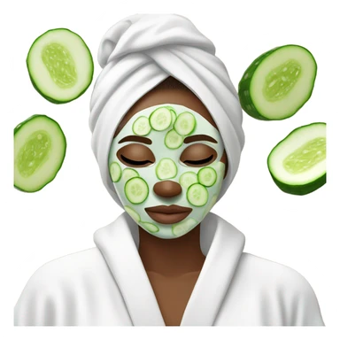 White girl with Brown hair and blue eyes wears a Green colored skincare clay textured mask and puts on cucumbers around her eyes while She relaxes in her white Robe sticker