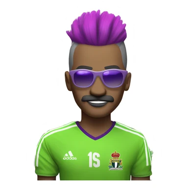  soccer player with a vibrant, multicolored mohawk hairstyle. The player  has neon green sunglasses and a thick, purple mustache. The jersey should be red with an Adidas logo and a team crest on the chest. Include tattoos on the player’s arms  sticker