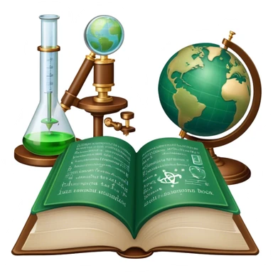 Icon for Scientific and Educational Reading: an open book with mathematical formulas, a microscope, a test tube, and a globe. The icon should represent the curiosity and knowledge found in scientific and academic books. Transparent background. sticker