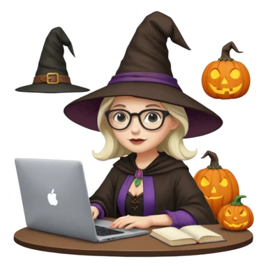 A female video editor wearing glasses, dressed like a witch with a pointed hat, sitting at a laptop editing a video, cinematic lighting, cozy creative studio, professional look, high quality, realistic sticker