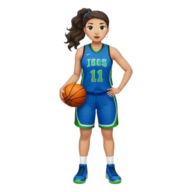 full body plus size light skin latino women basketball player with wavy dark hair in pony tail wide nose wearing blue uniform with green accent sticker
