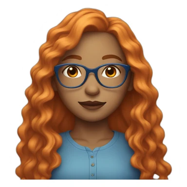 A not tinted girl with orange long wavy hair, blue glasses and a blue blousse sticker