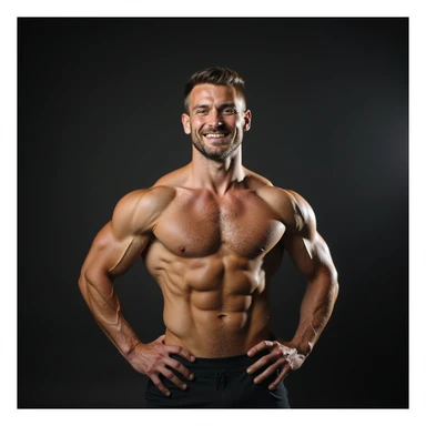 realistic 4K photo of a confident crossfit male athlete with sculpted abs, visible muscles, bright lighting, gym background, proud posture sticker