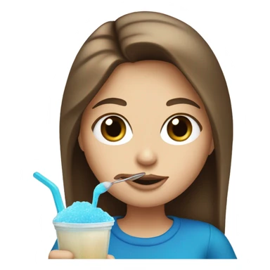White Girl with brown hair eating a blue slushie with a spoon sticker