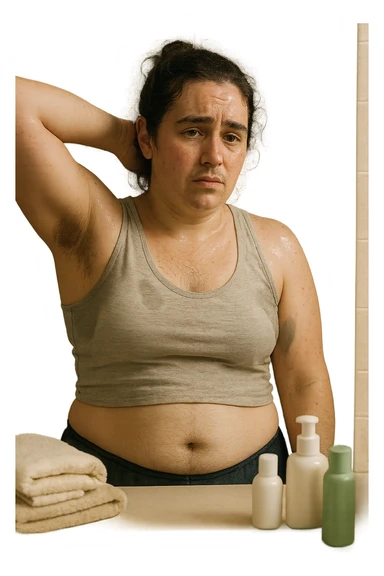 Donna tra i 25 e i 35 anni in un bagno o camerino, con espressione affaticata e leggermente imbarazzata, mentre si osserva allo specchio. È visibile una sudorazione abbondante sulla fronte e sotto le ascelle, e si notano peli più marcati su viso (mento o baffetti), addome e braccia. Indossa abiti leggeri o sportivi, e ha accanto a sé asciugamani e prodotti per la cura della pelle. Atmosfera realistica ma intima, con luce naturale e toni neutri. L'immagine trasmette consapevolezza, frustrazione e il desiderio di trovare soluzioni. Stile realistico, tono empatico e umano sticker