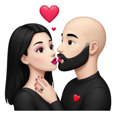 👩🏻‍❤️‍💋‍👨🏻 this one but the man should be bald. white woman with long black hair and white bald young man whoitiut hair and a heart between their heads. she has pink lips and both have brown eyes. he has e full beard but short. both wear black  sticker