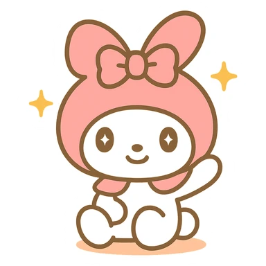 My Melody sitting and waving with pink hood and bow, charming cartoon style emoji sticker