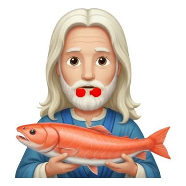 a white Jesus with a long beard holding a salmon sticker
