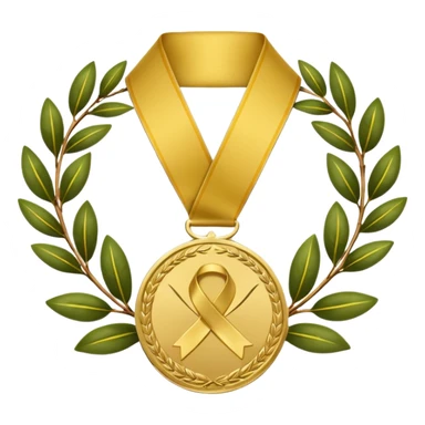 A golden medal with a glossy finish, featuring a central gold awareness ribbon symbol. The ribbon is surrounded by two laurel branches, one on each side, adding a touch of prestige. At the bottom, a small ornamental 'X' symbol completes the design sticker