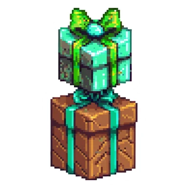 3D pixel-art cube gift box with earth-brown clay-veined sides and neon-green grassy top, floating against violet background, shiny emerald ribbon with bow shaped like two viewing scopes, dramatic lighting highlighting blocky geometry, mystery and excitement sticker