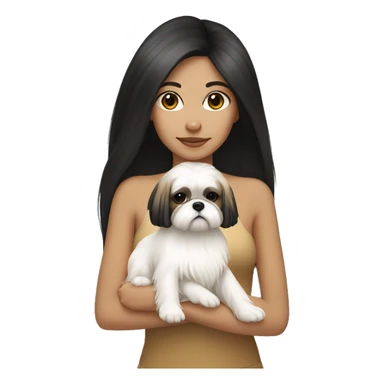 Tan girl, with long black hair, holding white shih tzu with light brown spots sticker