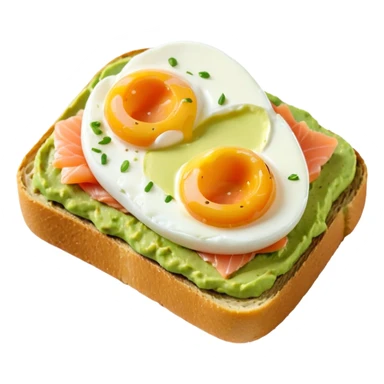 avocado toast with salmon and pachot eggs, green cream is covering everything sticker