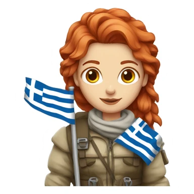 female winter mountaineer red hair holding greek flag sticker