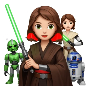 Ios 18 starwars theme ( jedi, robots etc..) brown hair lady with lightaber green or red sticker