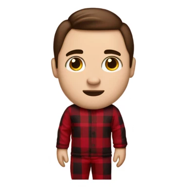 Man with straight brown hair and brown eyes wearing red and black buffalo plaid pjs. White skin. Full body. sticker