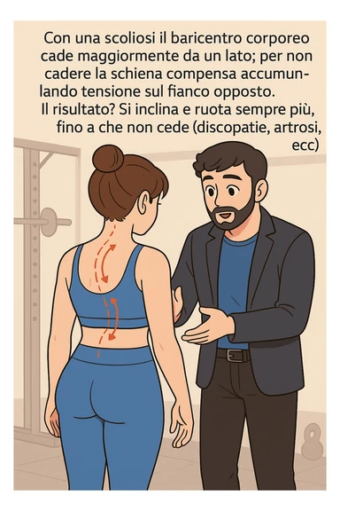 fai questa immagine in versione manga/webtoon a colori con stile di disegno carino e moderno, il manga mostra la donna di spalle, mentre l'uomo le tocca la spina dorsale per spiegarle come funziona la scoliosi:
Con una scoliosi il baricentro corporeo cade maggiormente da un lato; per non cadere la schiena compensa accumulando tensione sul fianco opposto.
Il risultato? Si inclina e ruota sempre più, fino a che non cede (discopatie, artrosi, ecc) sticker