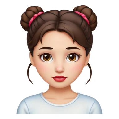 “Emoji brunette girl hair in bun white top, dewy skin, heavy blush across cheeks and nose bridge, glossy cherry lips, soft eyeliner, teary sparkling eyes like hanni from new jeans sticker