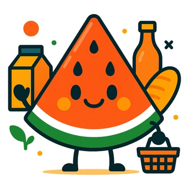 minimalist watermelon slice mascot, smiling, with subtle grocery elements, for an egrocery brand, clean and modern sticker