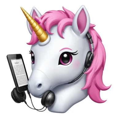 Unicorno peluche bianco con corno rosa brillantato con sulla testa un paio di cuffie e un Amazon Kindle in mano sticker