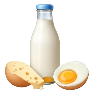 A cluster of dairy items: a milk bottle with an egg and a small cheese drop shadow behind them sticker