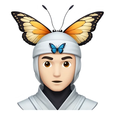 Crea una imagen con estos dos emoji 🥷🏻🦋
él ninja blanco con la mariposa posada en cabeza como si estuviera volando.

 sticker