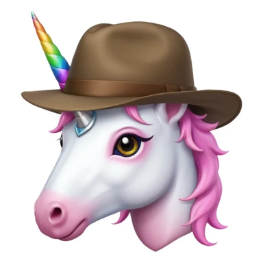 unicorn face cute wearing fedora, horn piercing through the hat sticker