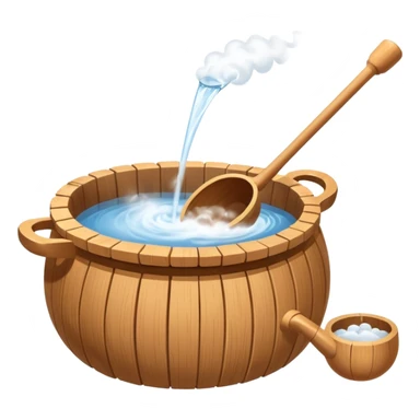 Ladle pouring water onto sauna rocks with steam sticker