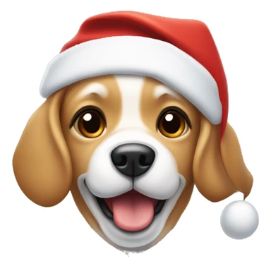 Small happy Tan dog with a white chests and nose strip, floppy ears, wearing a Santa hat sticker