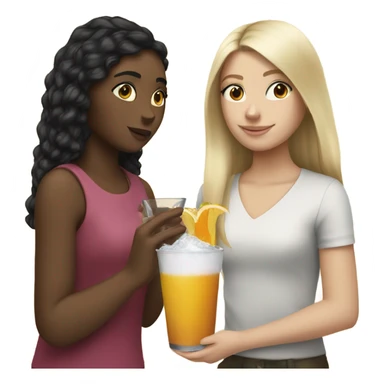 Blonde girl handing brunette girl a drink sticker