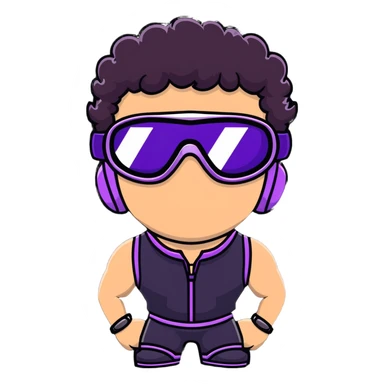 close-up of male athlete with white skin and moderately curly dark brown hair on top with shaved sides, wearing ski goggles with purple frames and very dark black lenses, a simple plain black chain necklace, and a completely unzipped sleeveless vest with purple and black sequin fire pattern design with no logo, frame centered on face and upper chest sticker