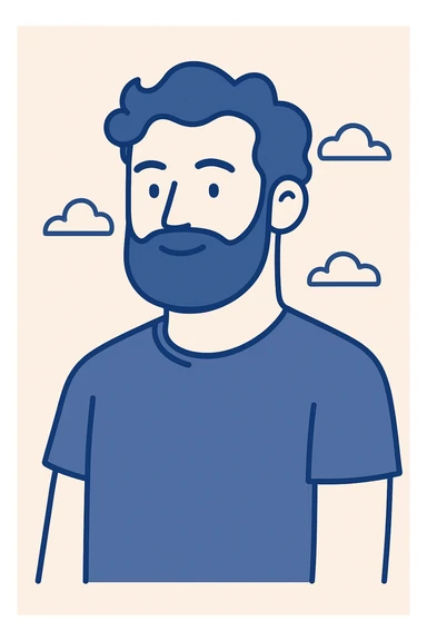 blue wavy haired bearded male, stylized, modern illustration sticker