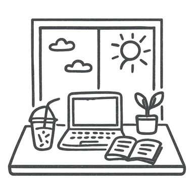 A desk by the window with summer sunshine in the background. On the desk, there is a laptop, a cup of iced coffee, and a small plant. An opened book is also present. sticker