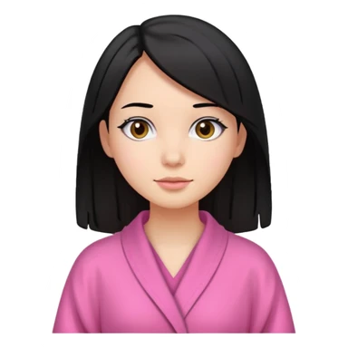 A girl who has black hair (straight but slightly wavy at the end), has a medium to bright skin tone, wearing a pink robe sticker