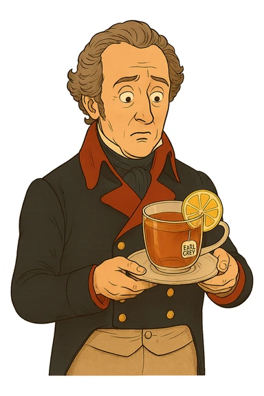 Используя такую стилистику сгенерируй графа Чарльза Грея, который задумчиво и удивленно держит в руках тарелку с чашкой черного чая Эрл Грей и лимоном внутри, прозрачный фон sticker