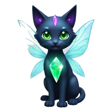 Shiny, Sparkly, Black Dark-type-Fairy-Type-Psychic-Ice-type-Fakémon-Cat Purple eyes, green gem, full body sticker
