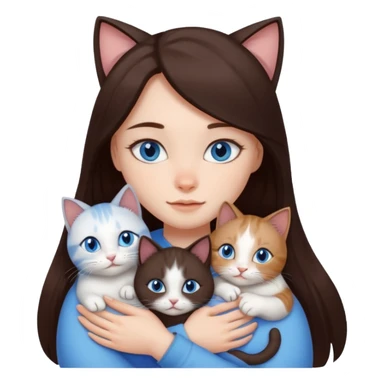 a girl with long dark 
brown hair, with blue eyes, hugs 3 different natural coloured cats sticker