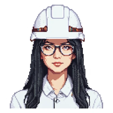 A woman with long, straight black hair, wearing glasses and a white architect's helmet sticker