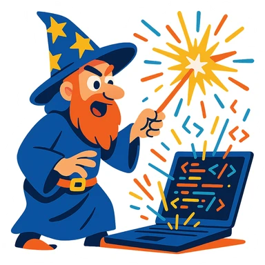 cartoon wizard coder casting a spell on a computer with sparks and code flying, vibrant toon style, cartoonish, colorful, dynamic sticker