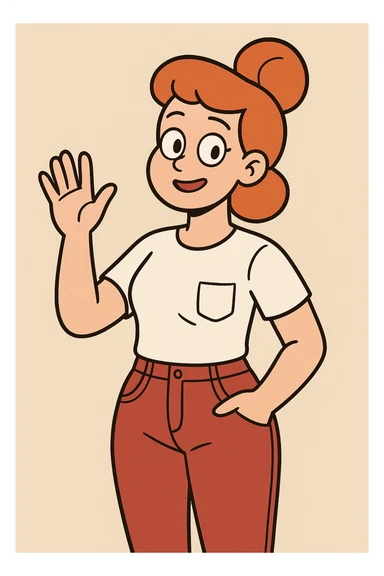 Girl dark orange hair bond hairstyle women's white t shirts pockets red trousers a hand hello  sticker