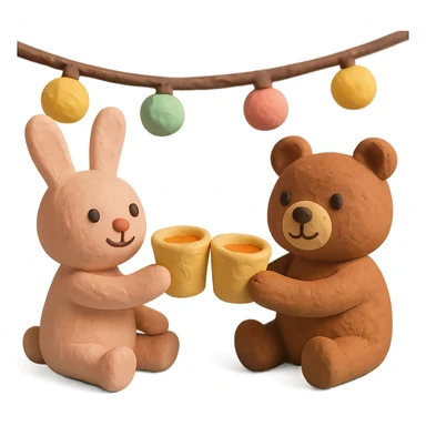 bunny and bear clinking juice cups under string lights, matte plasticine claymation style with visible fingerprints, pastel colors sticker