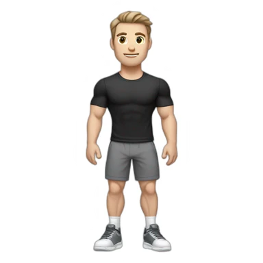 Pale skinned Fit Man With the biceps and dark brown hair in black shirt, gray sports shorts and white Sneakers Relies on the plane sticker
