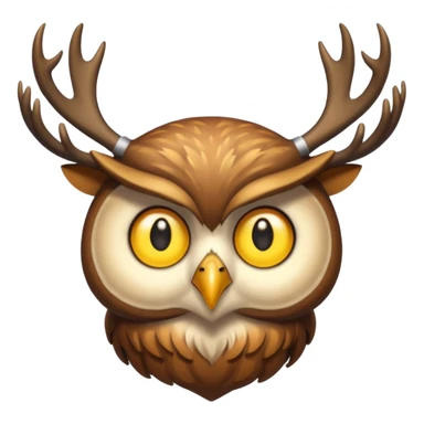 Emoji chouette perchée brun clair, yeux jaunes brillants,bois de cerf imposants sur la tête, sagesse et puissance. Avec majesté sticker