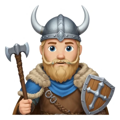 A tall Viking with braided blond beard, fur cloak, and heavy axe resting on his shoulder with horned helmet sticker