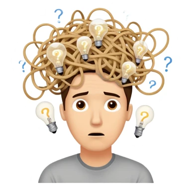 Person with a chaotic mind, swirling tornado of tangled thoughts around their head, containing question marks, light bulbs, and scribbles. The person has a bewildered, overwhelmed expression. sticker
