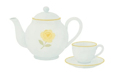 matching teapot in dreamy painterly watercolor style, light blue with a gold rim and a yellow rose painted on the side, transparent background, matches the attached tea cup and saucer sticker