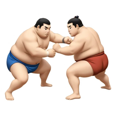 Two sumo wrestlers in a classic dohyo ring, each displaying powerful stances and ready to engage in a fierce match. One wrestler attempts a pushing attack, while the other counters with a thrust. The background shows the traditional sumo arena and spectators. Transparent background. sticker